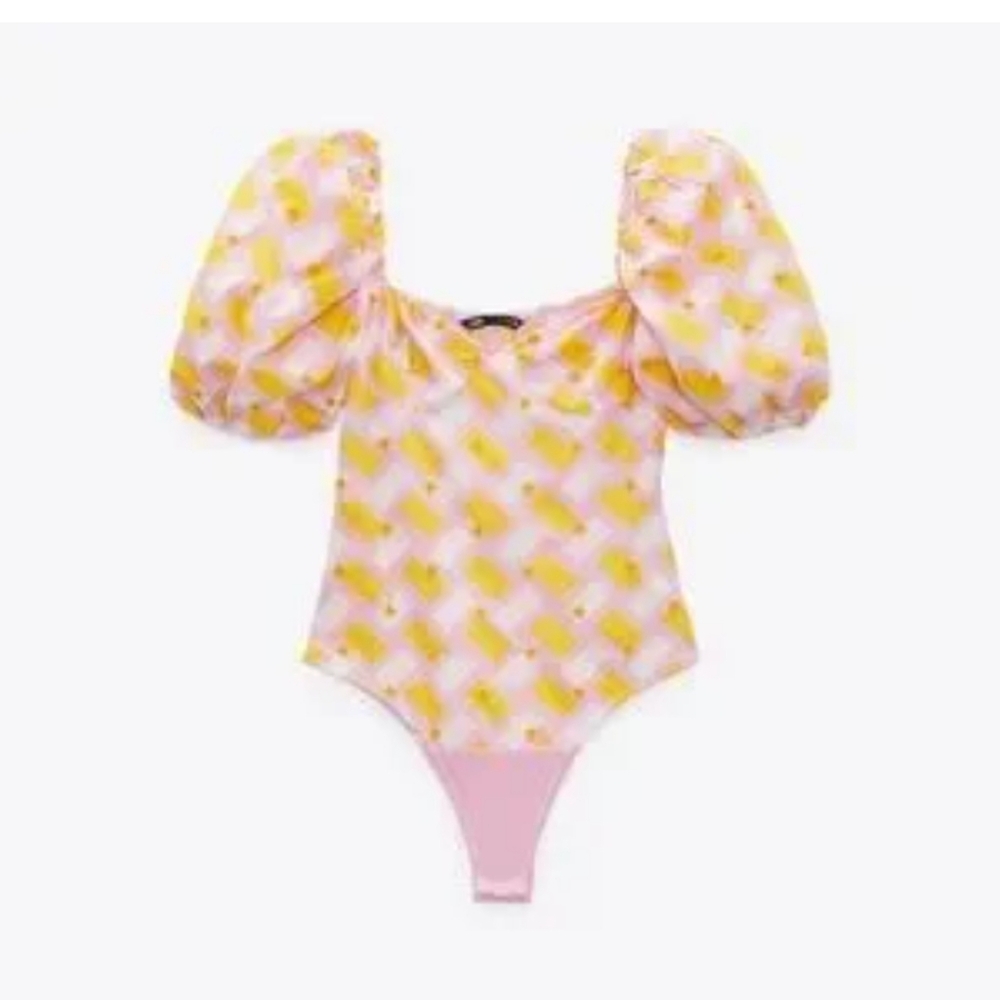 Zara Pink and Yellow Puff Sleeve Top - Picture 6 of 11